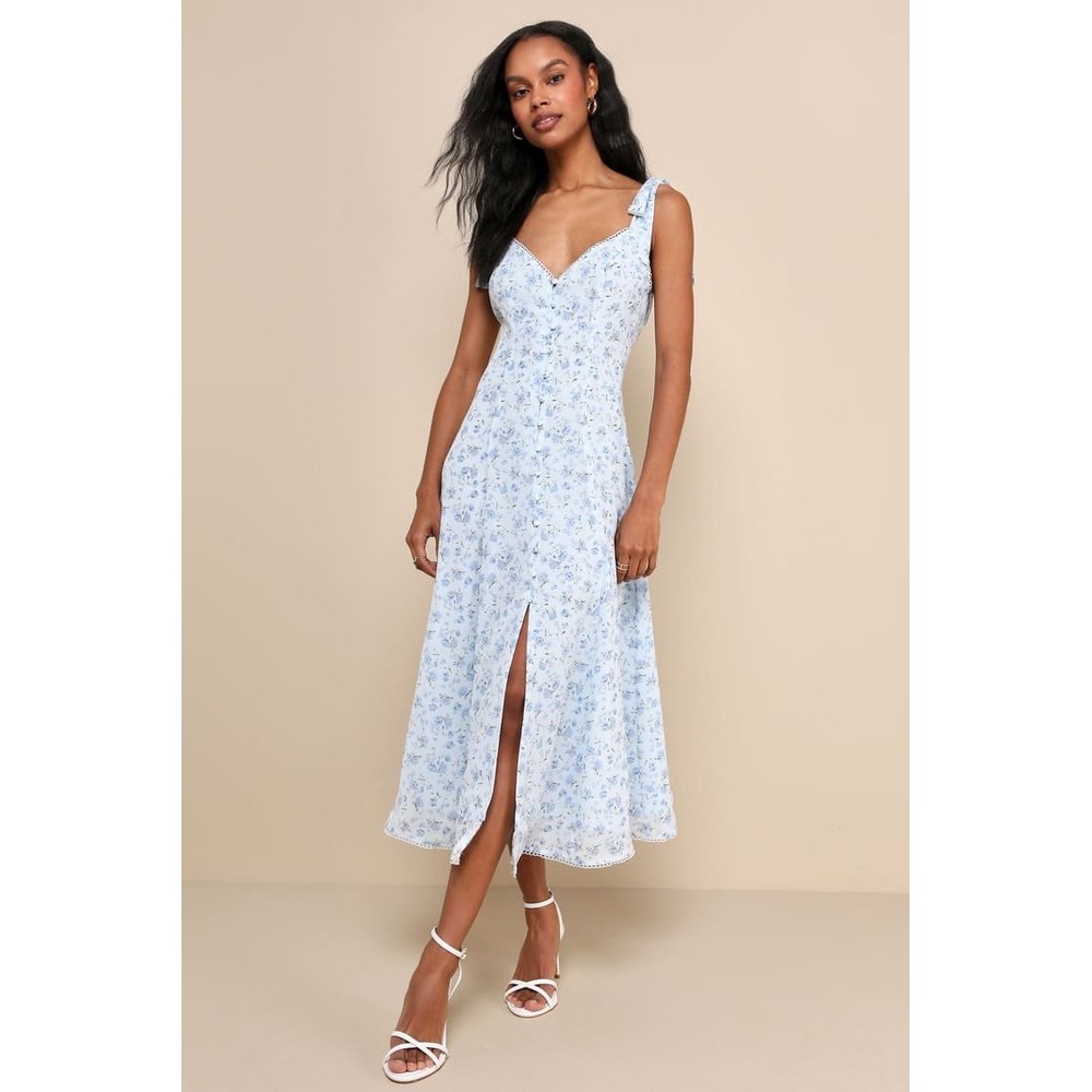 NWT Lulus Charismatic Persona Light Blue Floral Tie-Strap Midi Dress Large
